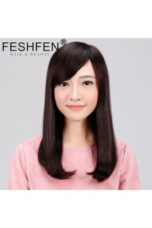 FESHFEN真發假發中長發梨花頭真人發絲時尚女士逼真機制手織頭套