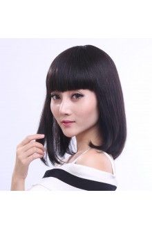 FESHFEN真發假發女時尚短發短直發齊劉海梨花頭真人發絲手織頭套