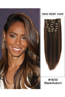 14” 7pcs #1B/30 Black/Auburn Straight 100% Remy Hair Clip In Human Hair Extensions