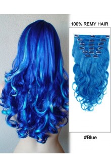 16” 7pcs #Blue Body Wave 100% Remy Hair Clip In Human Hair Extensions