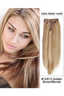 14” 7pcs #12/613 Brown/Blonde Straight 100% Remy Hair Clip In Human Hair Extensions