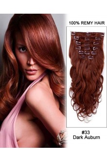26” 11pcs Body Wave Clip in Remy Human Hair Extensions #33 Dark Auburn