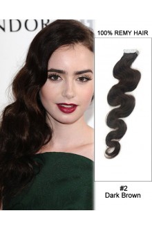 14” #2 Dark Brown Body Wave 100% Remy Hair Tape In Hair Extensions-20 pcs