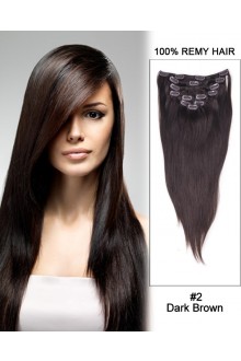24” 9pcs #2 Dark Brown Straight Clip in Remy Human Hair Extensions