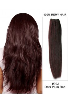 20” #99J Dark Plum Red Straight Weft  Remy Human Hair Extension
