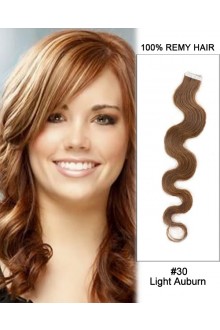 14” #30 Light Auburn Body Wave 100% Remy Hair Tape In Hair Extensions-40 pcs