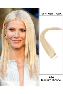 14” #24 Medium Blonde Straight 100% Remy Hair Tape In Hair Extensions-40 pcs