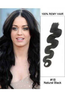 14” #1B Natural Black Body Wave 100% Remy Hair Tape In Hair Extensions-20 pcs